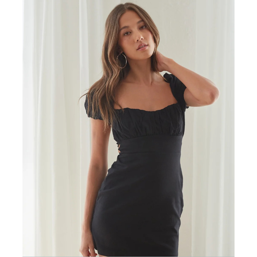 American Threads Emma Open Back Puff Sleeve Mini Dress